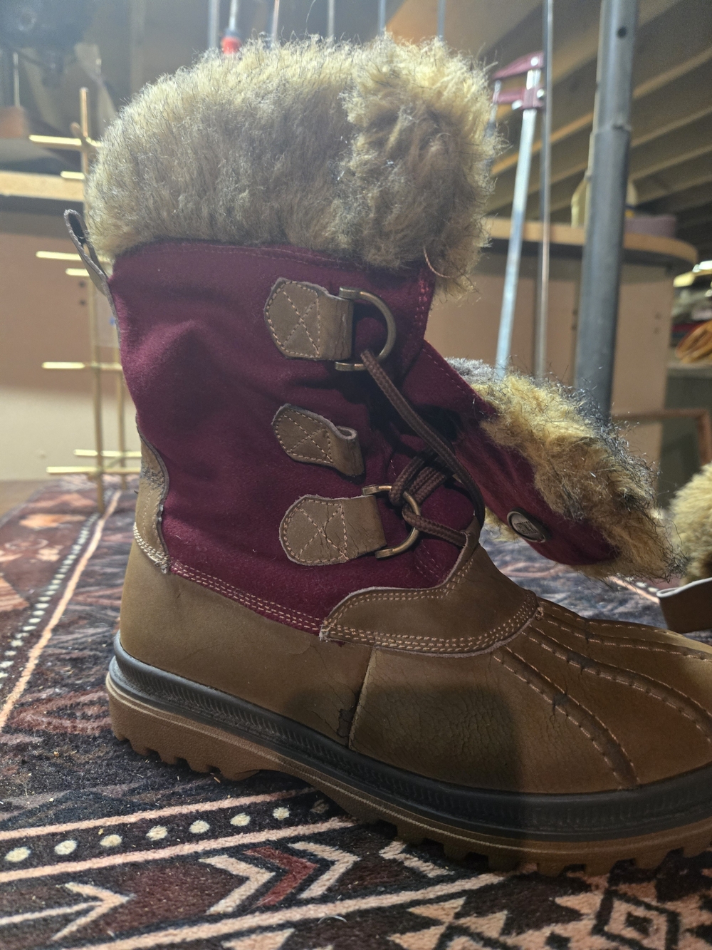 Red Jacket Burgundy and Brown Lace-Up Fur-Trim Winter Boots